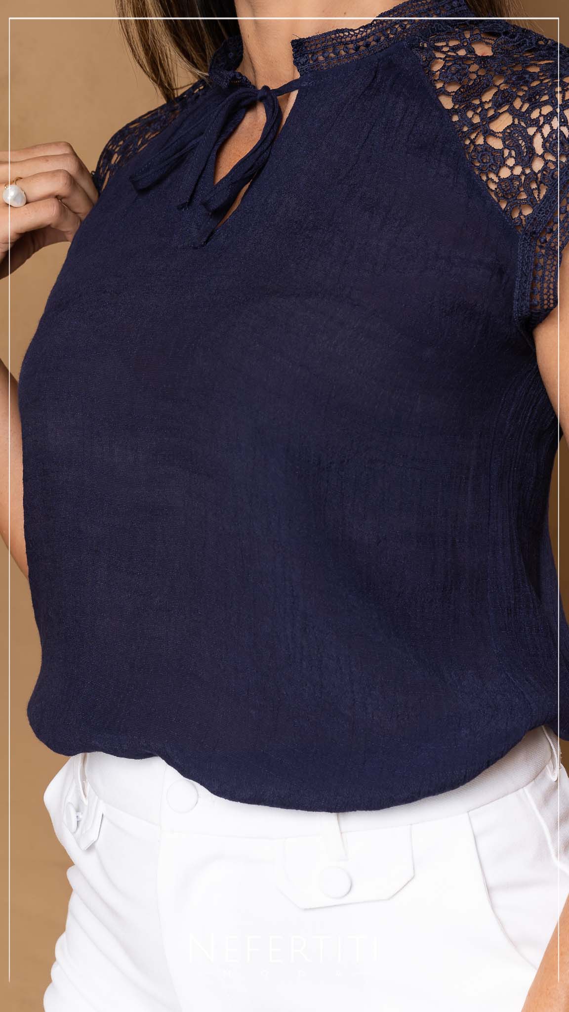 manga corta encaje azul marino T11784 - Nefertitimoda.com