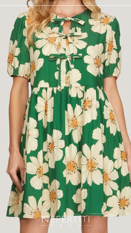 Vestido corto manga corta flores Verde D6827