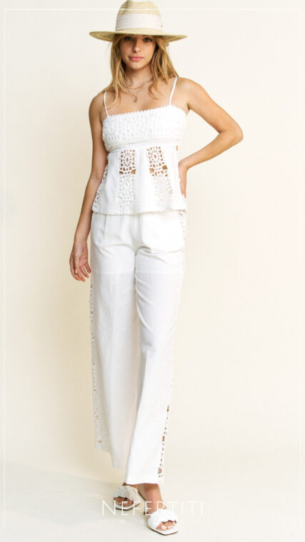 Conjunto blusa y pantalon largo crochet Marfil D6821