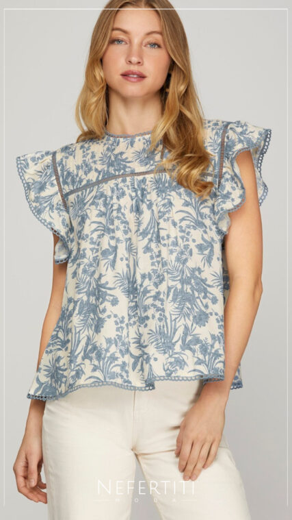Blusa flores vuelo en manga Celeste T15882