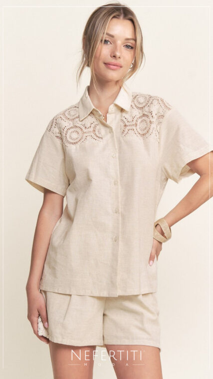 Conjunto blusa botones y short crochet Beige D6806