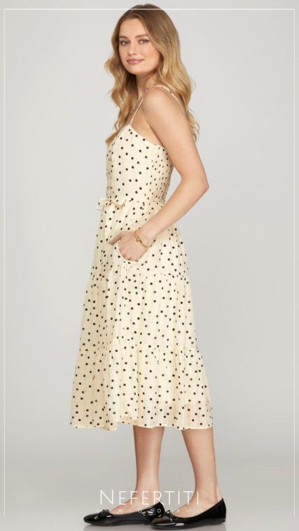 Vestido tirante bolitas y lazos Marfil Negro D6830