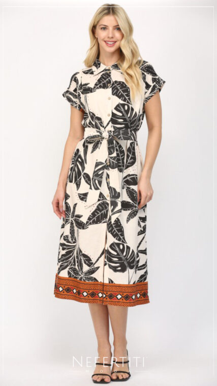 Vestido botones hojas Negro Beige Cafe D6826