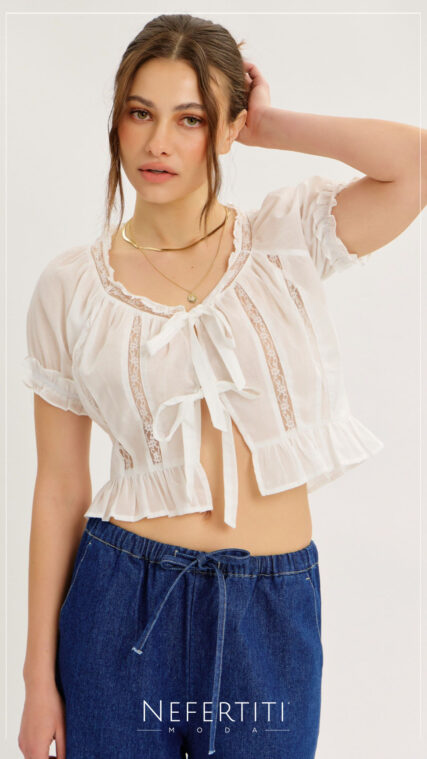 Blusa lazos y encaje manga corta Blanco T15921