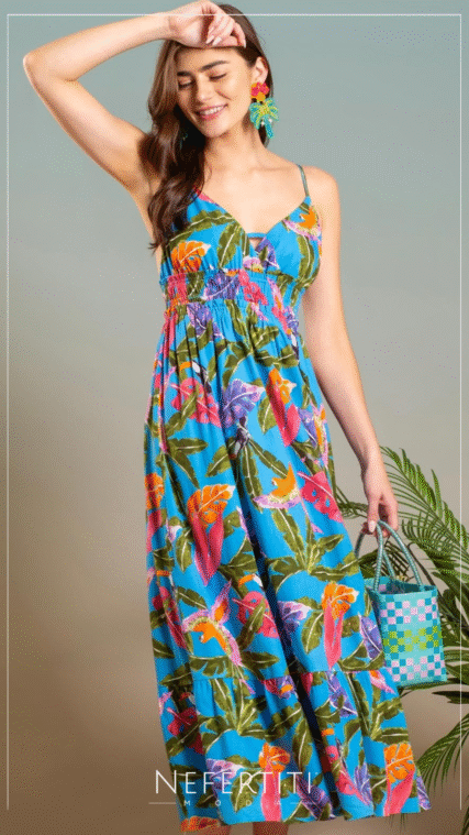 Vestido maxi tirante flores turquesa D6544