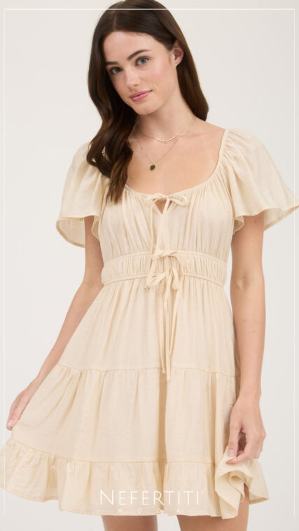 Vestido corto manga corta Beige D6870