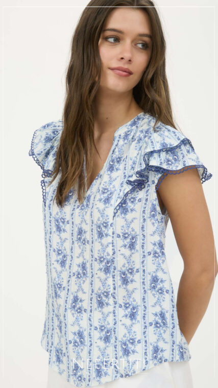 Blusa con flores vuelos en manga Azul Blanco T16011