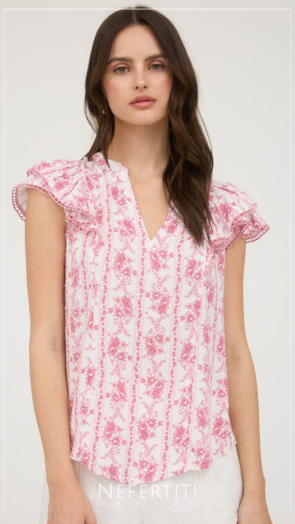 Blusa con flores vuelos en manga Rosa Blanco T16014