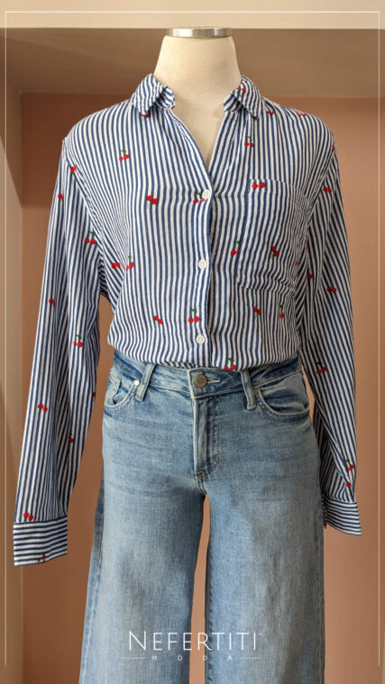 Blusa manga larga rayas cerezas Azul Blanco T16083