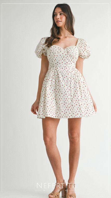 Vestido florecitas manga burbuja Crema Rojo D6940