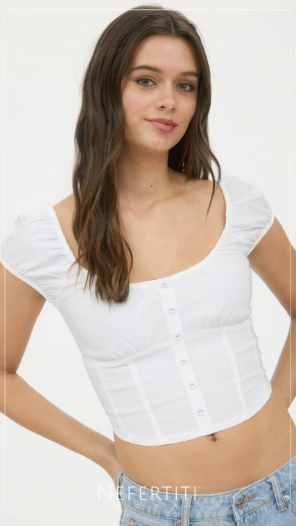 Blusa corta botones manga fruncida Blanco T16024