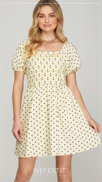 Vestido puntos manga burbuja Crema Negro D6943
