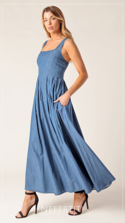 Vestido maxi paletones sin manga mezclilla D6858