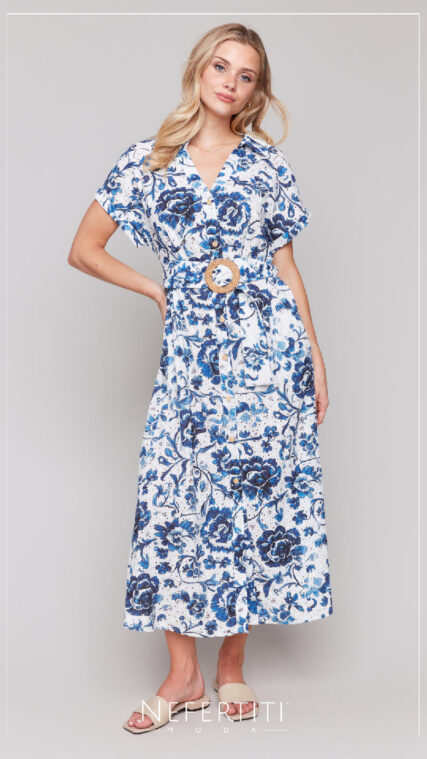Vestido botones cuello flores Azul Blanco D6708