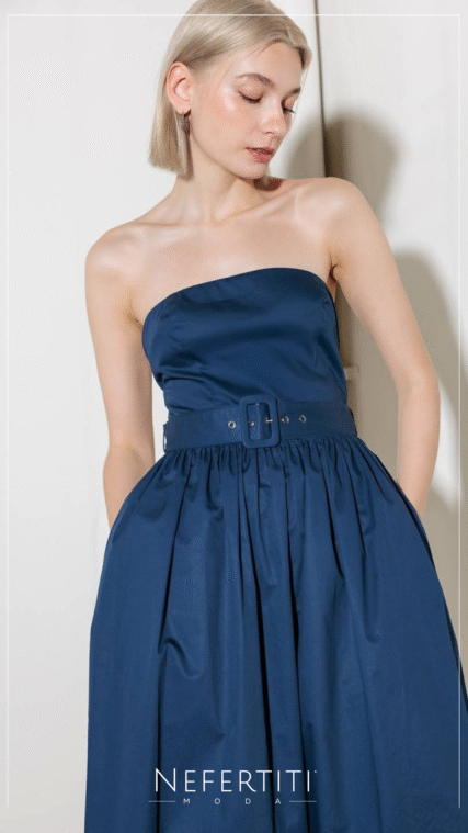 Vestido strapless con faja Azul Marino D6959
