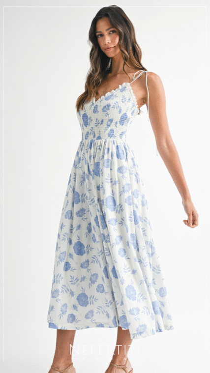 Vestido maxi tirante flores Celeste Marfil D6919