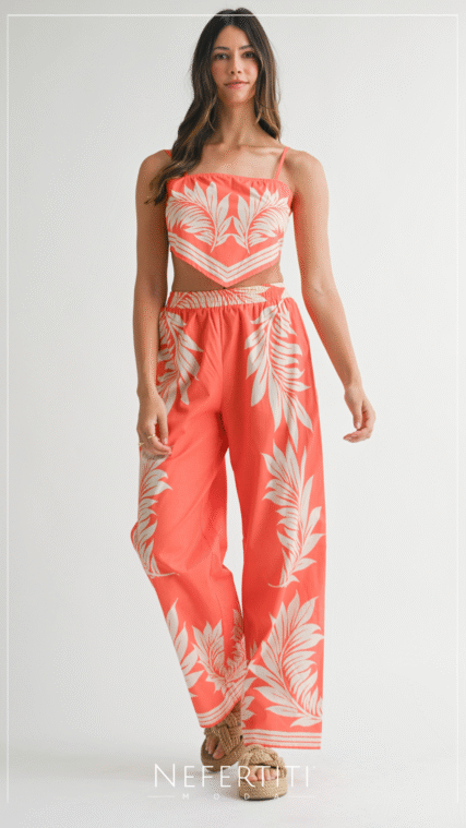 Conjunto blusa y pantalon largo hojas Tomate Beige D6916