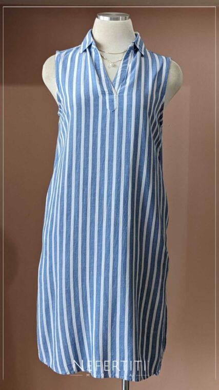 Vestido sin manga cuello rayas Celeste Blanco D6946