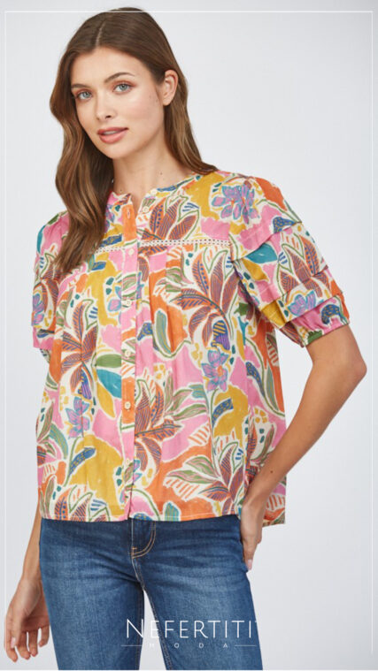 Blusa flores botones multicolor Rosa Naranja T15998