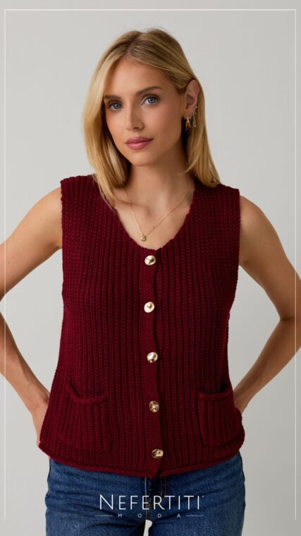 Blusa tejida botones dorados Rojo Vino T16175