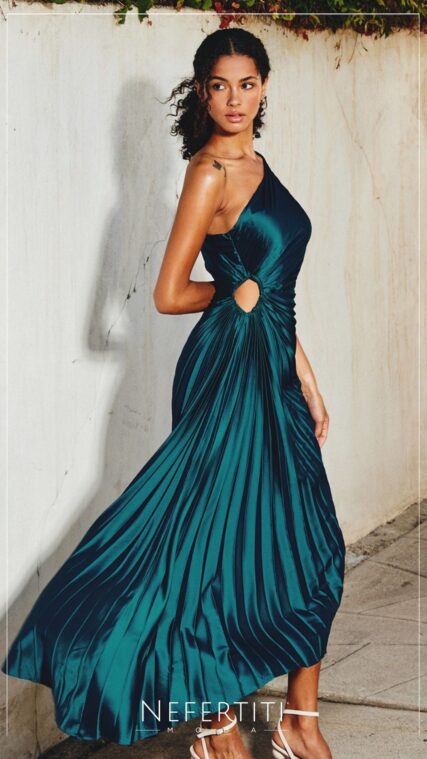 Vestido maxi un hombro plisado Azul Teal D7037