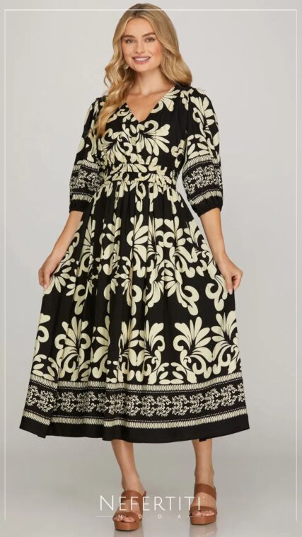 Vestido manga tres cuartos flores Negro Crema D6962
