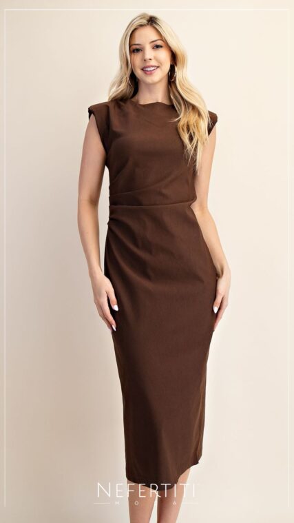 Vestido al cuerpo hombreras Cafe D6965