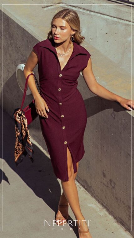 Vestido botones dorados manga corta Rojo Vino D7013