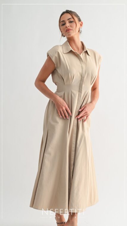 Vestido maxi paletones manga corta Beige D7016