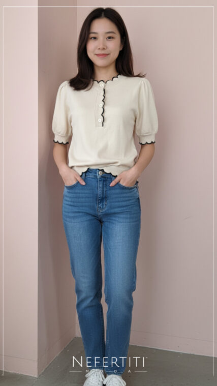 Blusa manga corta parras botones Beige Negro T16151