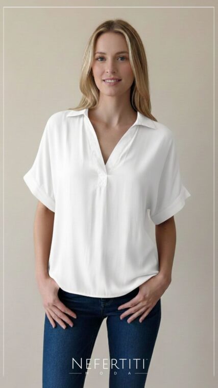 Blusa cuello manga corta Marfil T16242