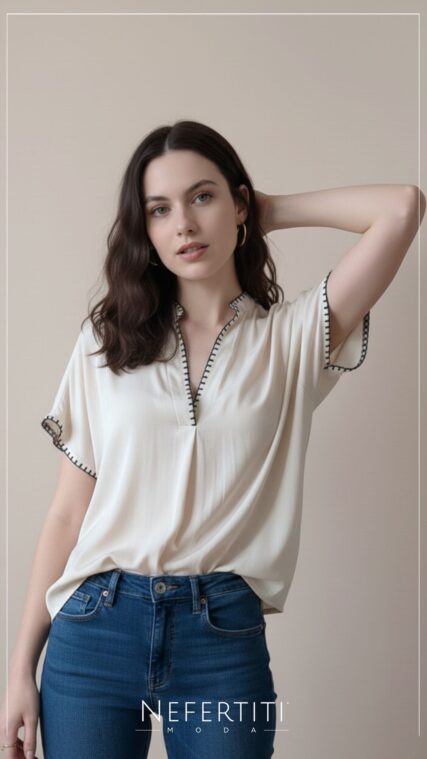 Blusa costuras manga corta Beige Negro T16233