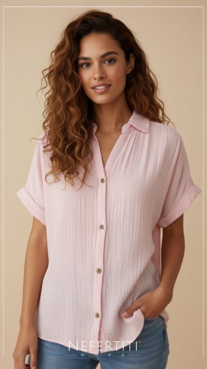 Blusa manga corta botones Rosa T16098