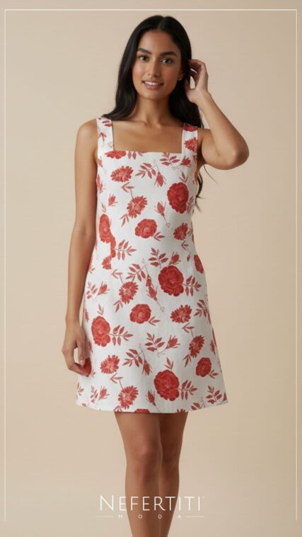 Vestido corto sin manga flores Rojo Beige D6928