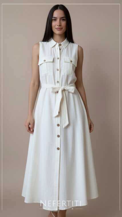 Vestido botones sin manga Marfil D6922