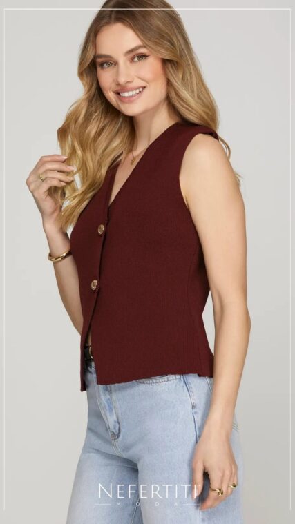 Blusa botones dorados sin manga Rojo Vino T16336