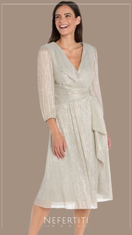 Vestido manga tres cuartos shimmer Champagne D7052