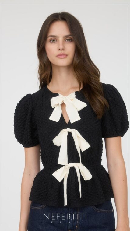 Blusa con lazos frente Negro Marfil T16342
