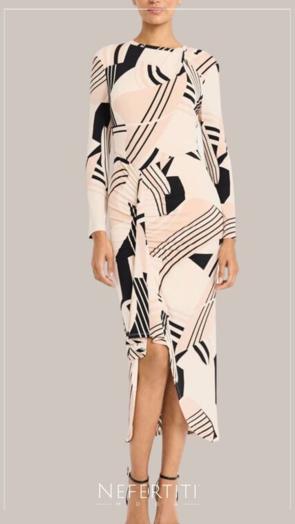 Vestido estampado manga tres cuartos Beige Negro D7079