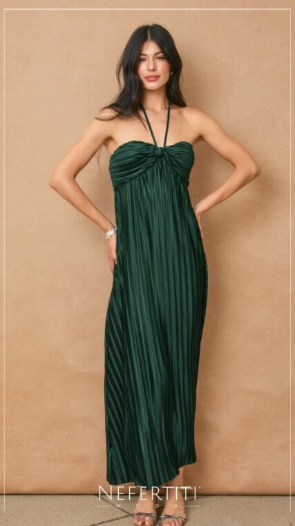 Vestido maxi halter plisado Verde Esmeralda D7116