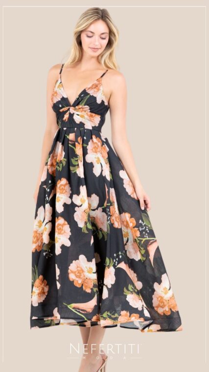 Vestido maxi tirante flores Negro D7128