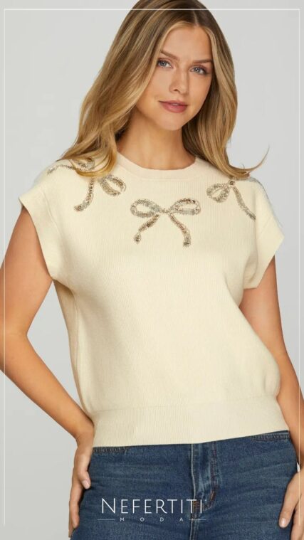 Blusa manga corta lazos de lentejuela Crema T16401