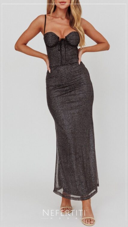 Vestido maxi glitter tirante Negro D7090