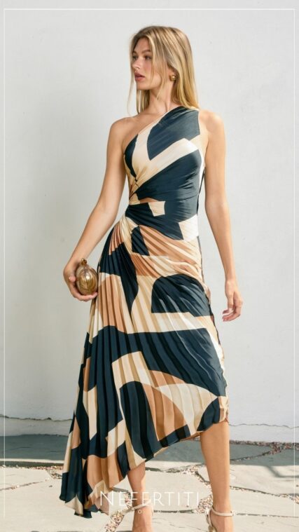 Vestido un hombro plisado color block Negro Beige D7104