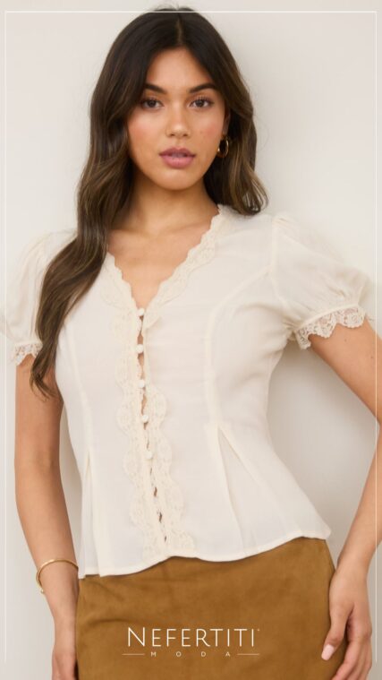 Blusa manga corta encaje Beige T16323