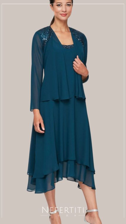 Conjunto Vestido y saco lentejuela manga larga Azul Teal D7074