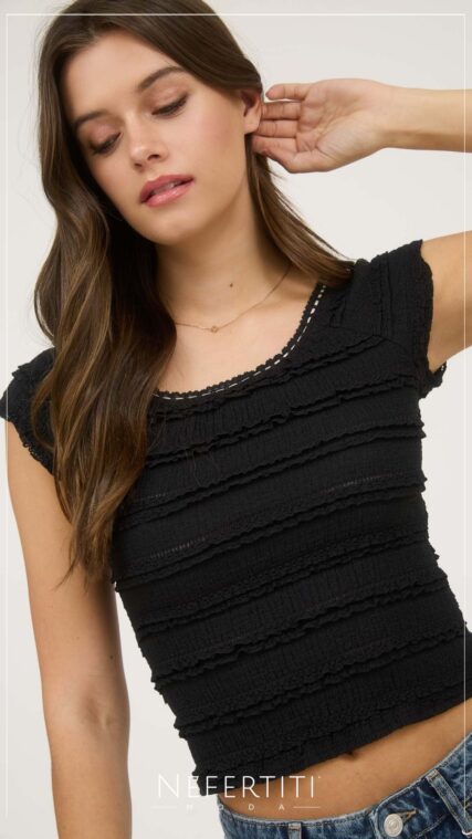 Blusa textura y encaje bicolor Negro T16452