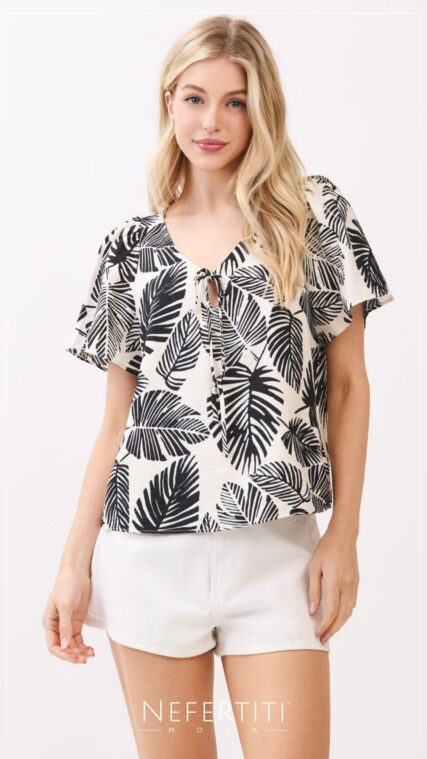 Blusa hojas manga corta Blanco Negro T16599