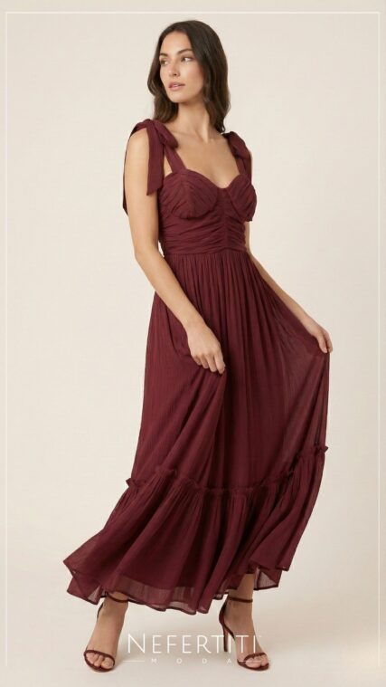 Vestido maxi lazo en tirante Rojo Vino D7107