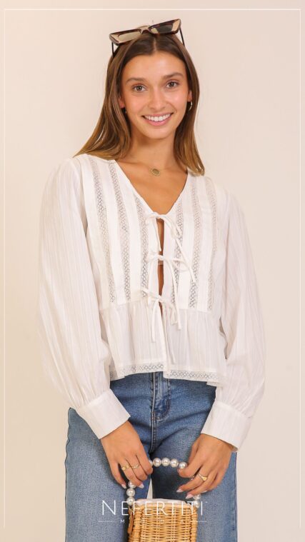 Blusa manga larga lazos encaje Blanco T16497